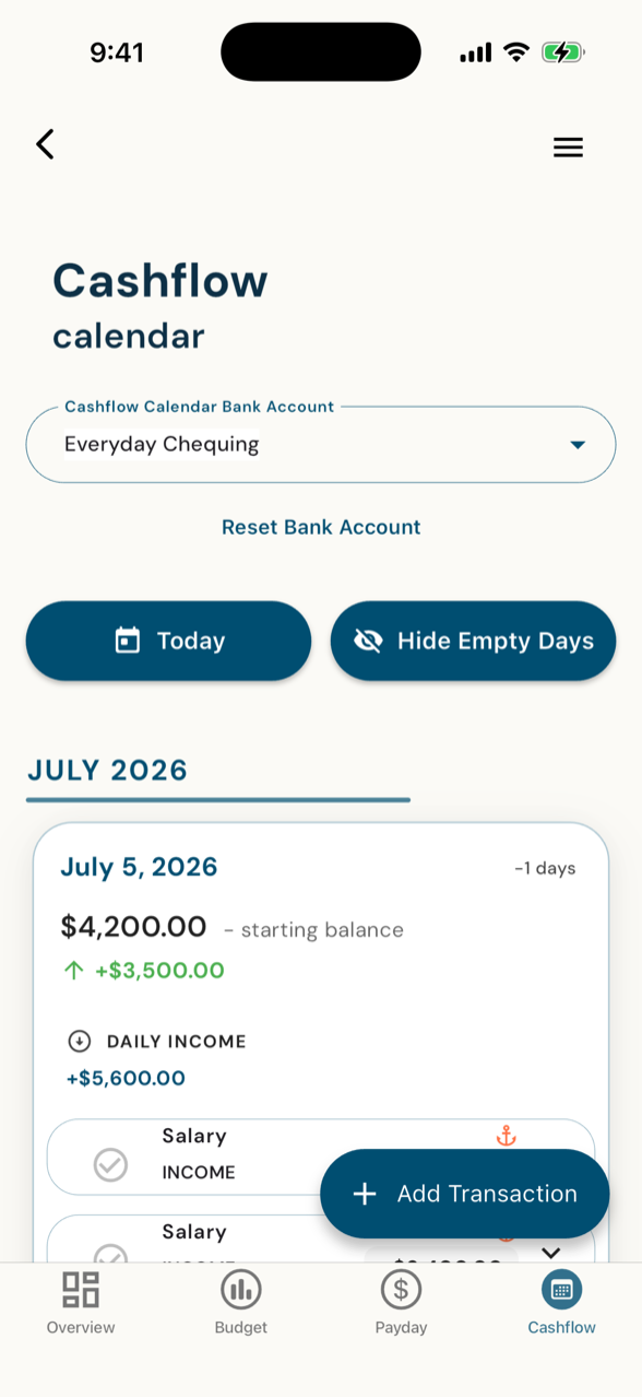 Cashflow Calendar - income, bills and the daily balance